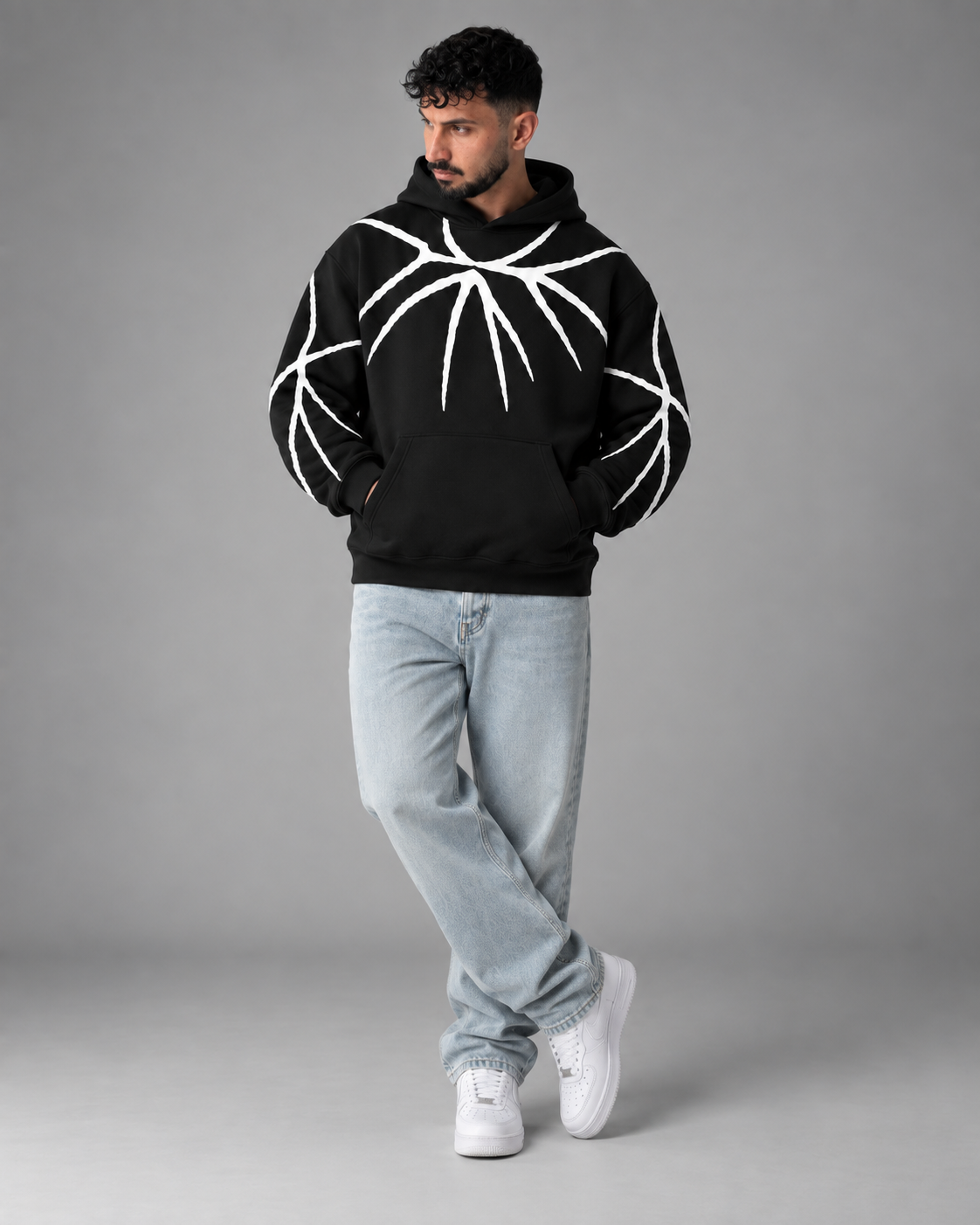 Black White Branch Print Fleece Hoodie