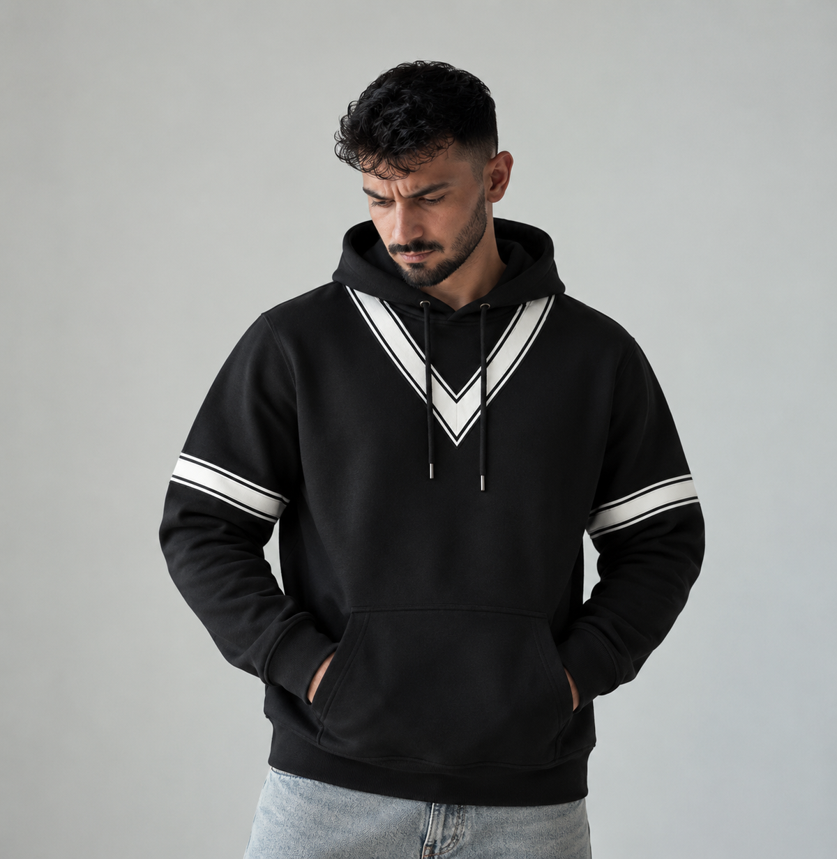 Black White V-Stripe Fleece Hoodie