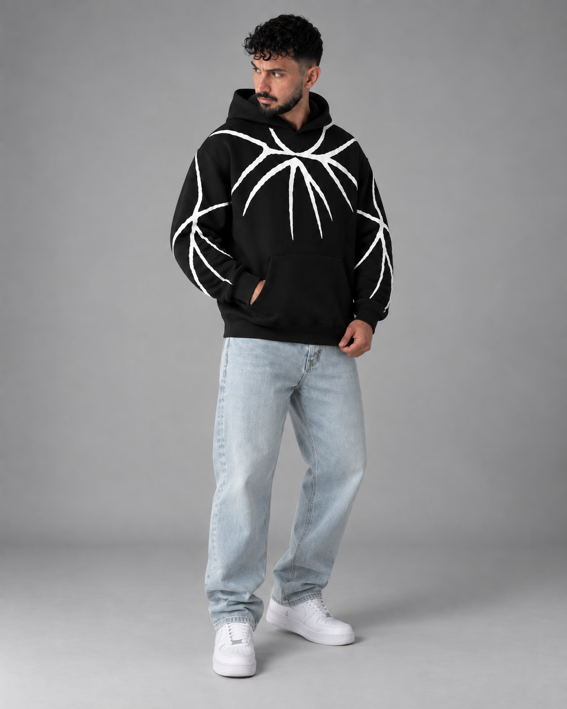 Black White Branch Print Fleece Hoodie