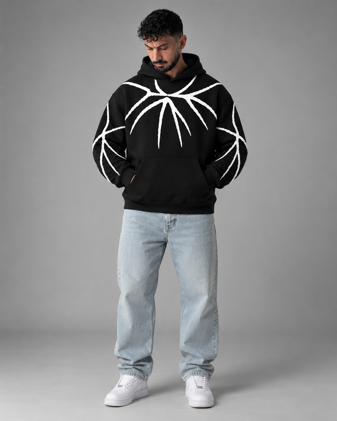 Black White Branch Print Fleece Hoodie