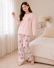 Pink Bird Full Sleeve Night Suit for Girls
