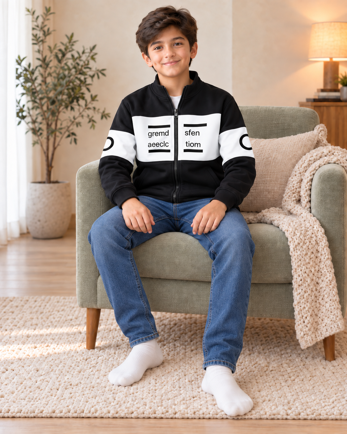 Kids Black & White Graphic Zip-Up Jacket