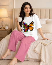 Butterfly white and pink women nightwear lifestyle pose