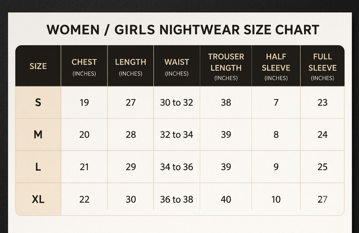 Fashion by INZ women night suit size chart