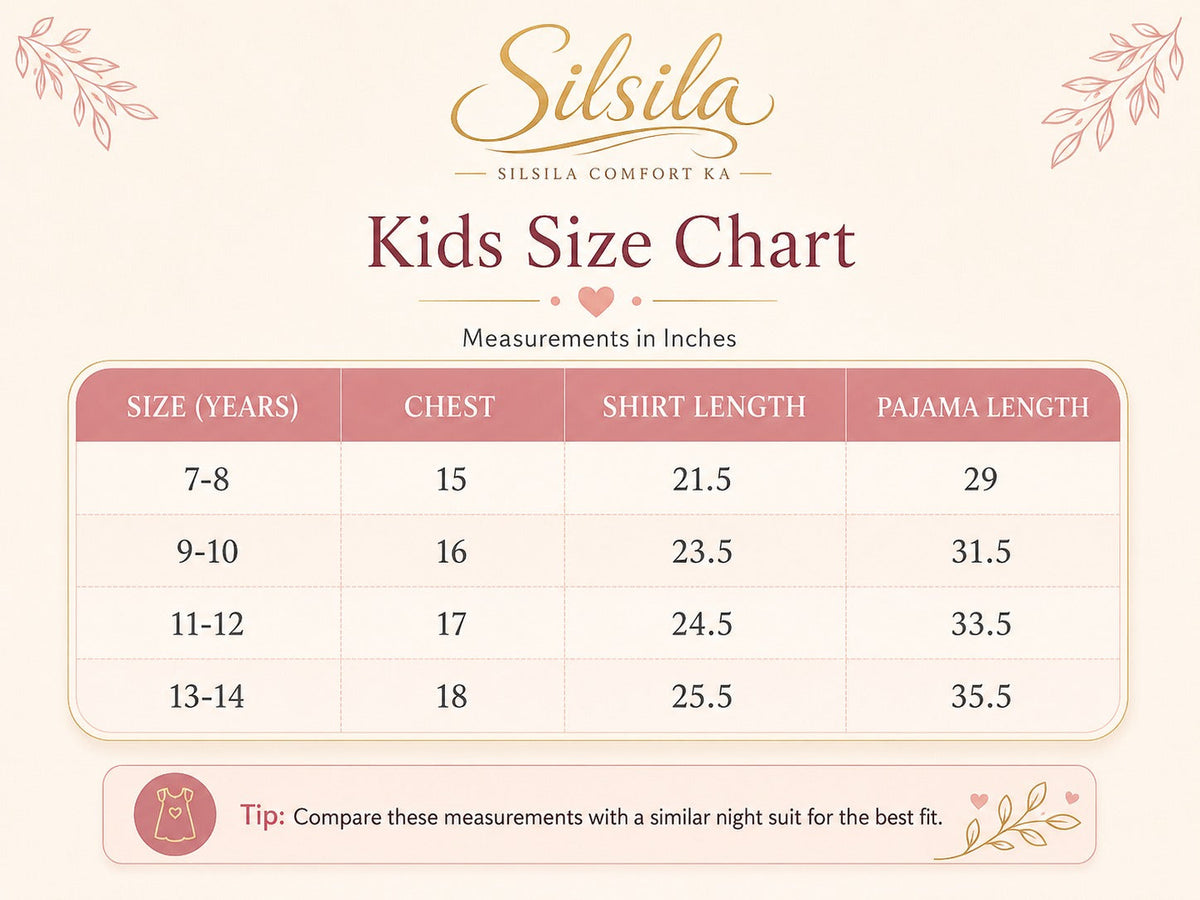 Fashion by INZ girls nightwear size chart for ages 7–14