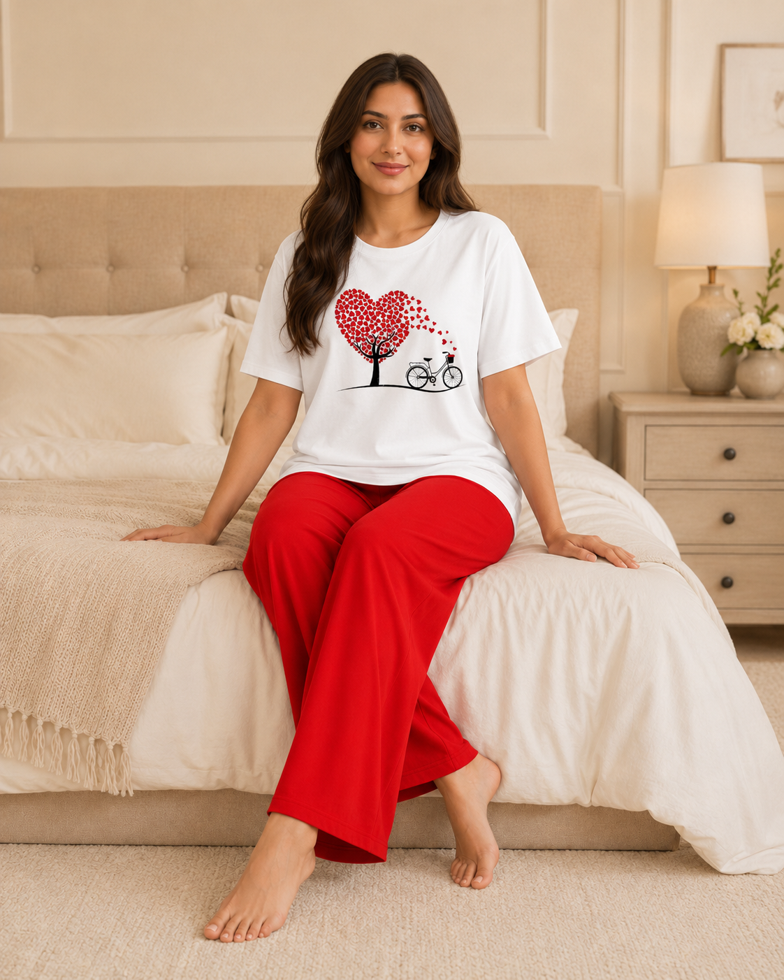 Heart Cycle White & Red Night Suit
