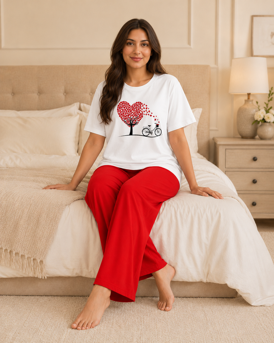 Heart Cycle White & Red Night Suit