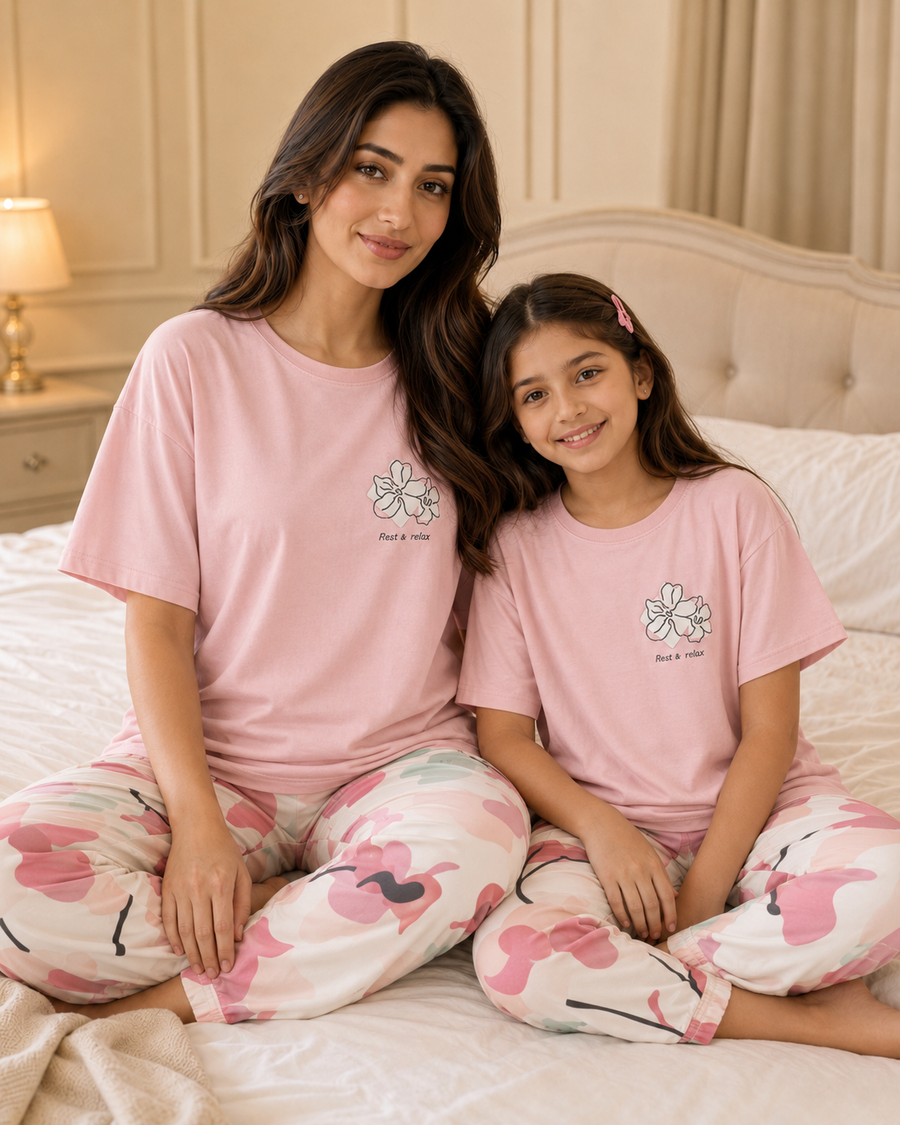 Pink Bird Mom & Daughter Night Suit