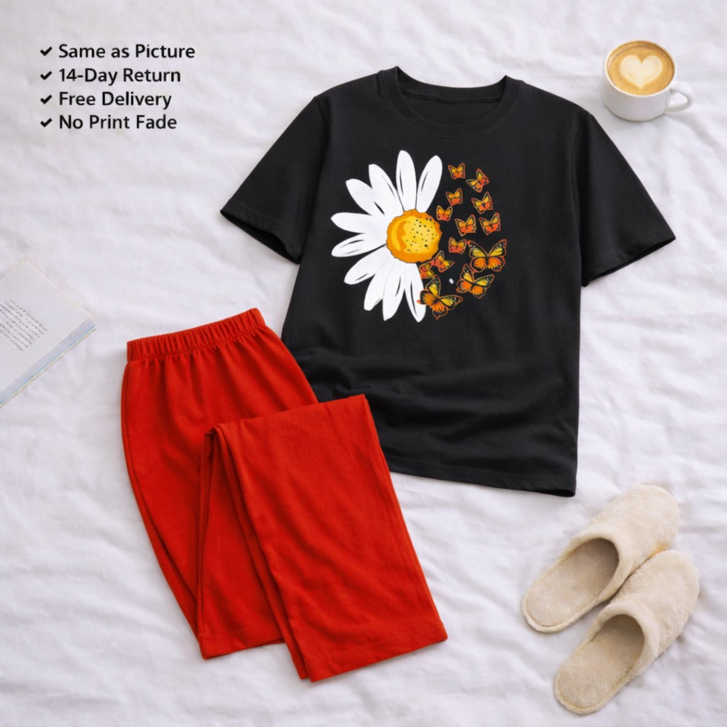 Red Sunflower Black & Red Night Suit