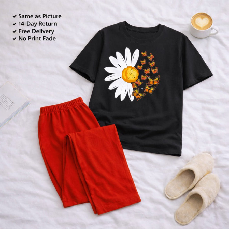 Red Sunflower Black & Red Night Suit