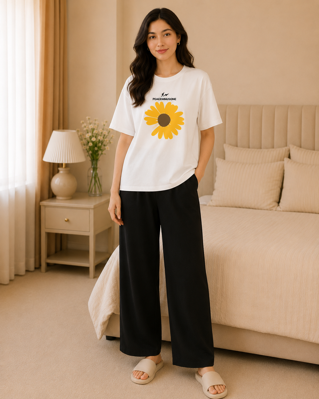 Yellow Sunflower White & Black Night Suit – view 2