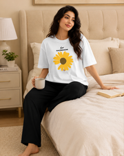 Yellow Sunflower White & Black Night Suit – view 5