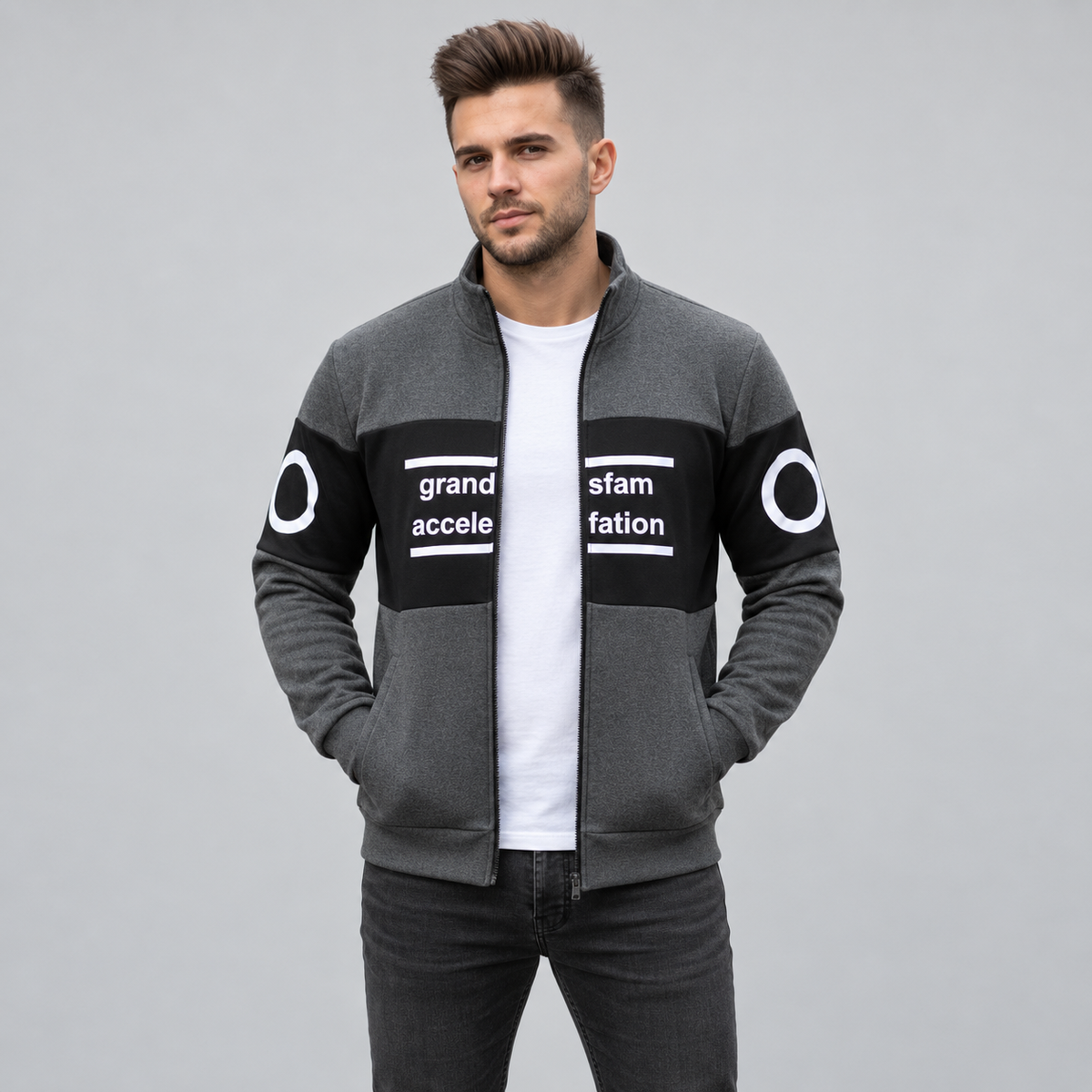 Charcoal & Black Colourblock Fleece Zip-Up Jacket