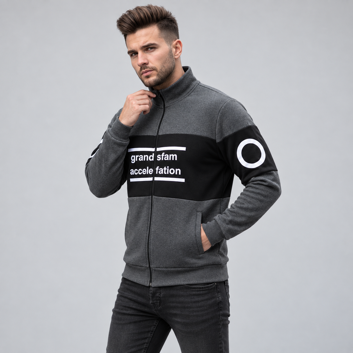 Charcoal & Black Colourblock Fleece Zip-Up Jacket