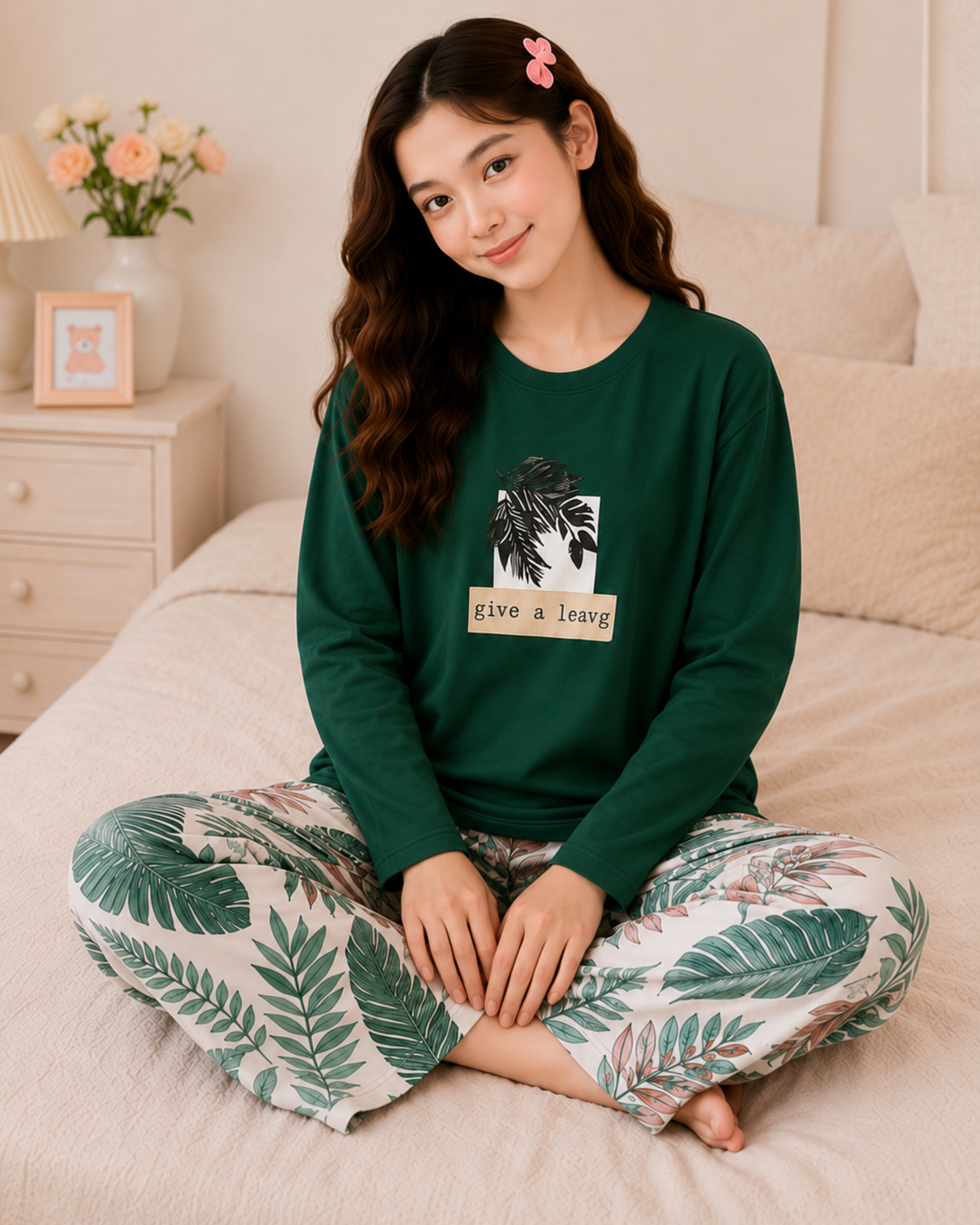 Green Leaf Full Sleeve Night Suit for Girls