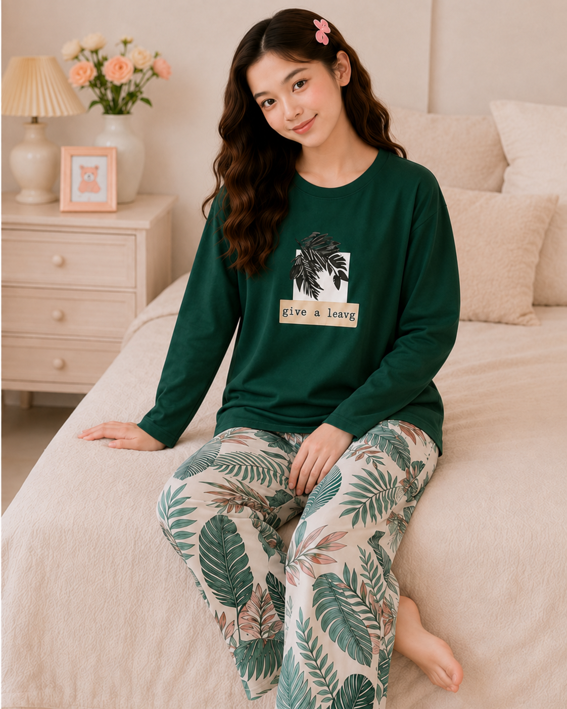 Green Leaf Full Sleeve Night Suit for Girls