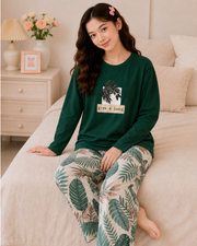 Green Leaf Full Sleeve Night Suit for Girls