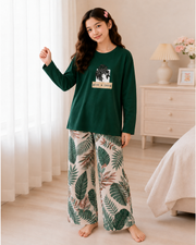 Green Leaf Full Sleeve Night Suit for Girls