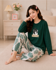 Green Leaf Full Sleeve Night Suit for Girls