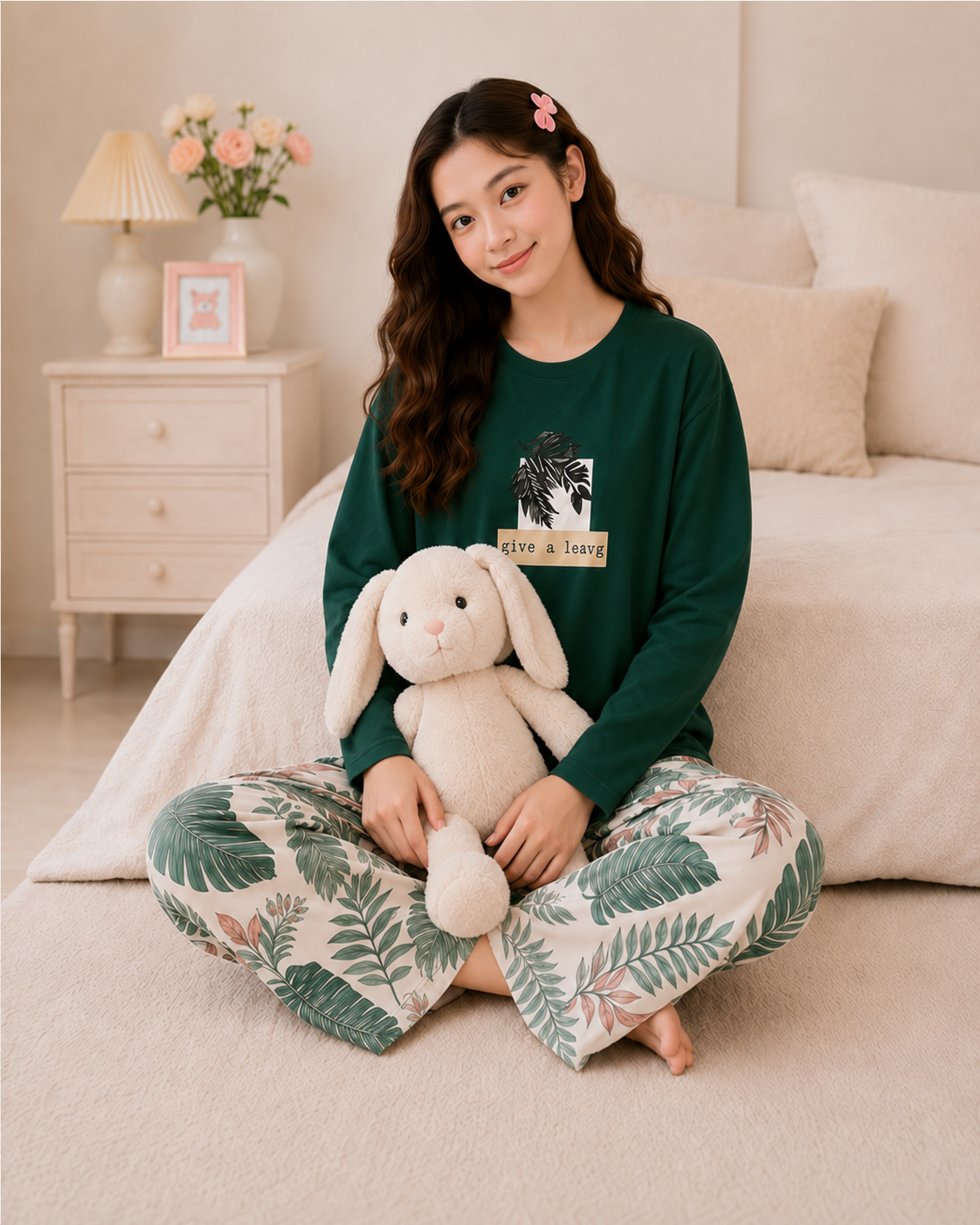 Green Leaf Full Sleeve Night Suit for Girls
