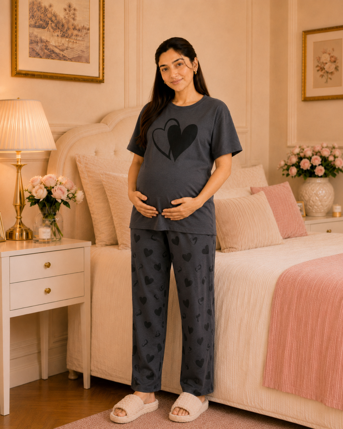Grey Heart Maternity Cotton Night Suit