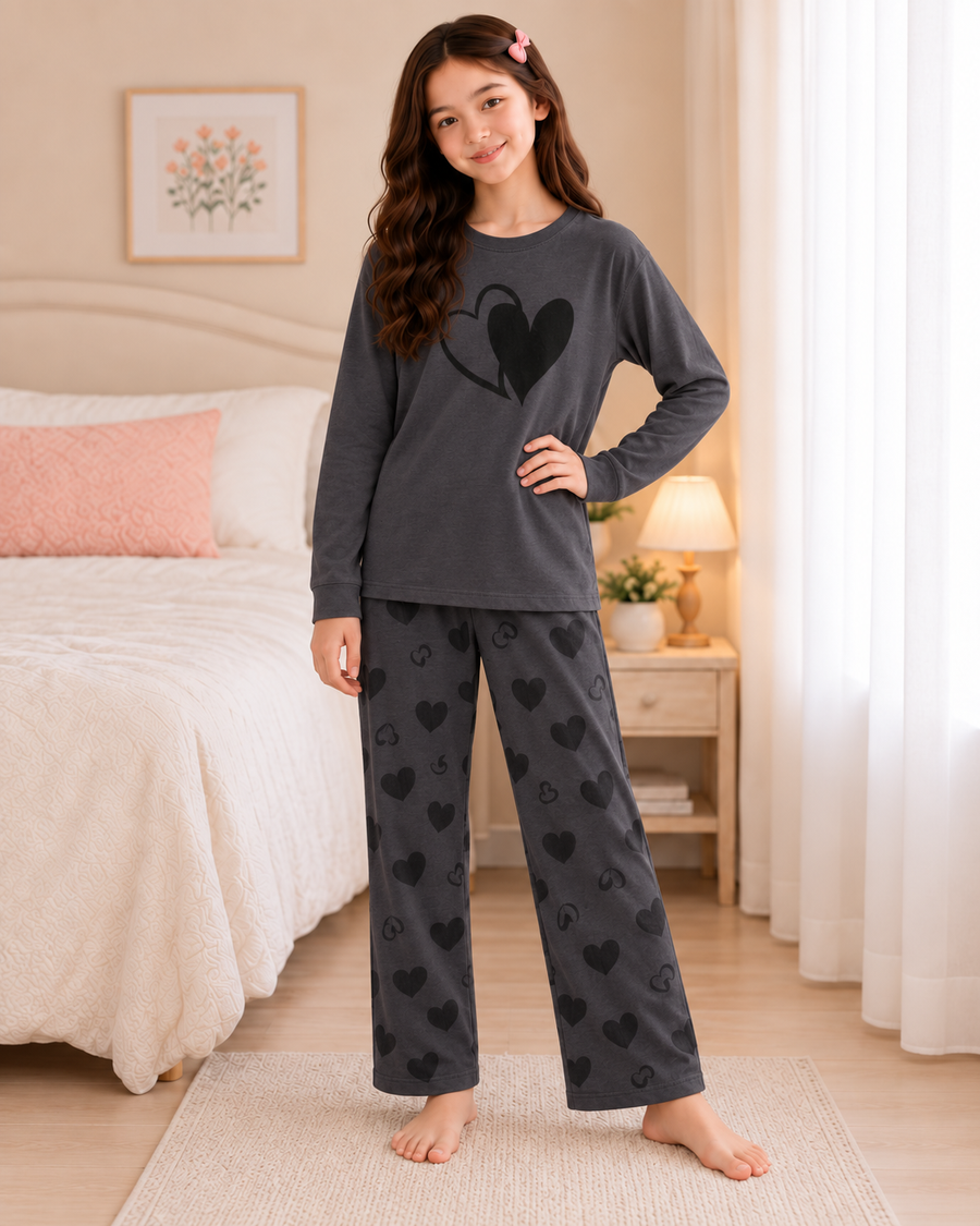Grey Heart Full Sleeve Night Suit for Girls