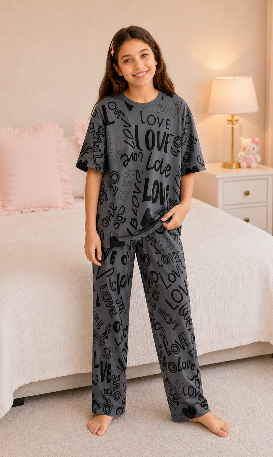 Grey Love Girls Night Suit
