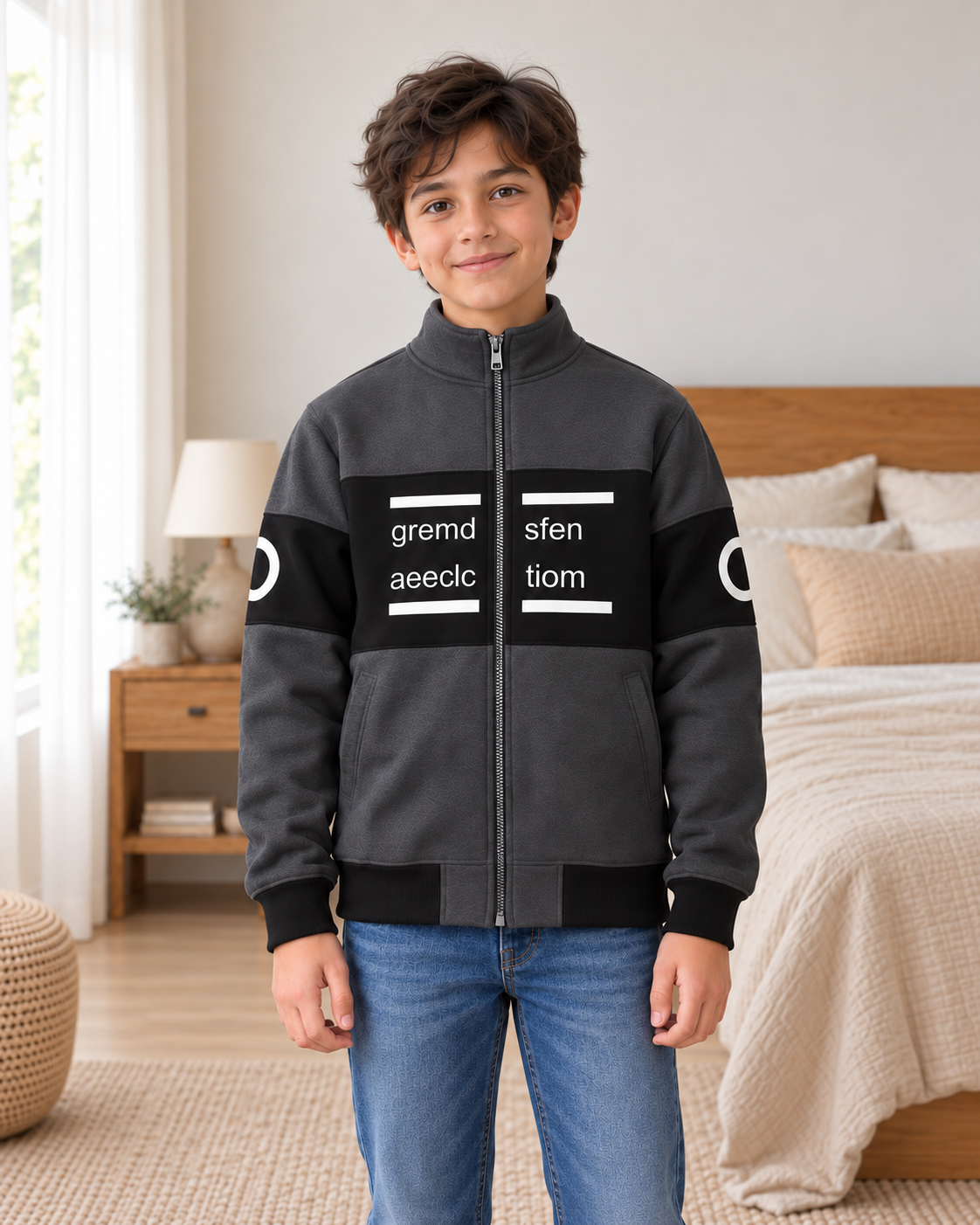 Kids Charcoal & Black Graphic Zip-Up Jacket - pose 1