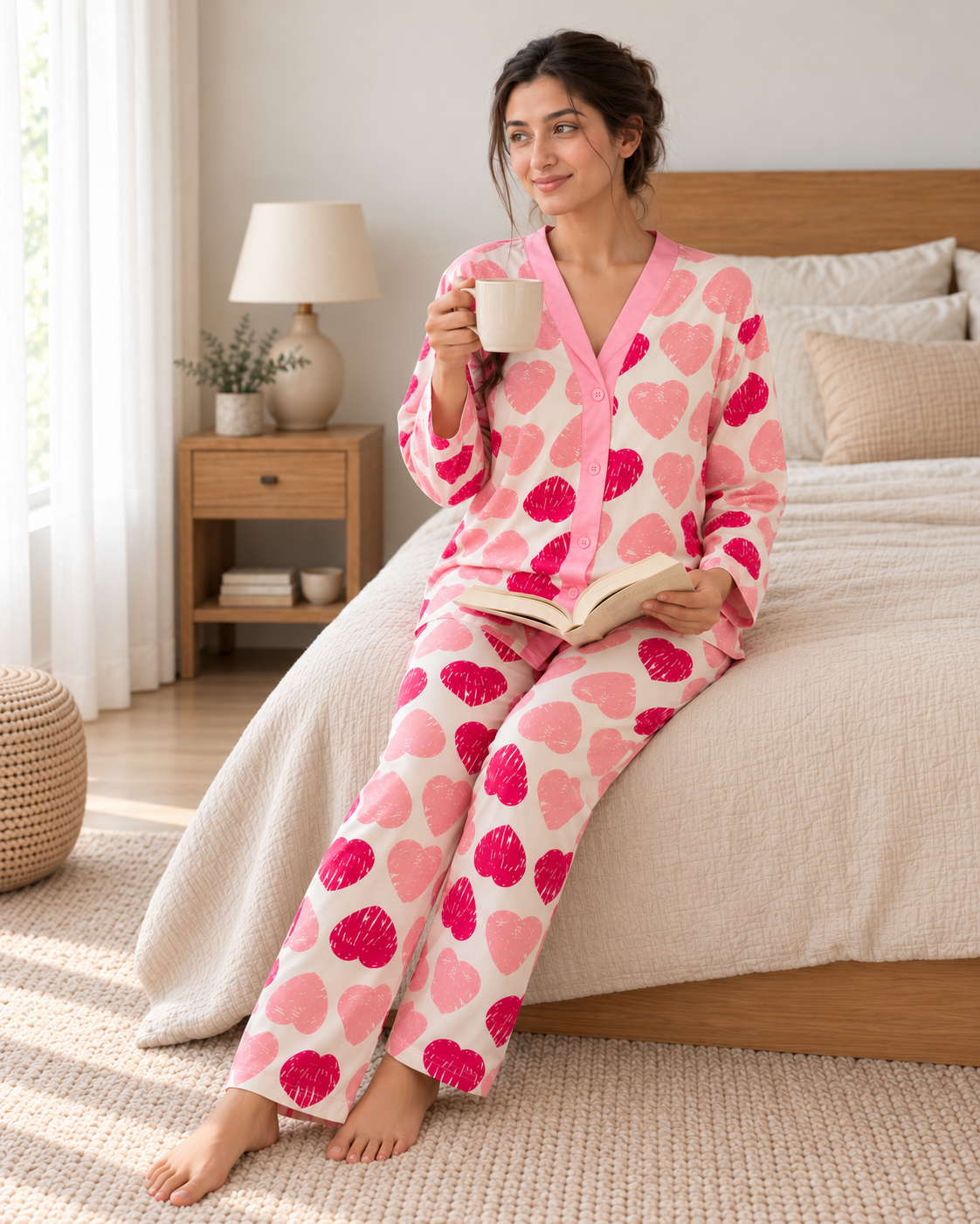 Pink Heart Premium Button-Down Night Suit - pose 3