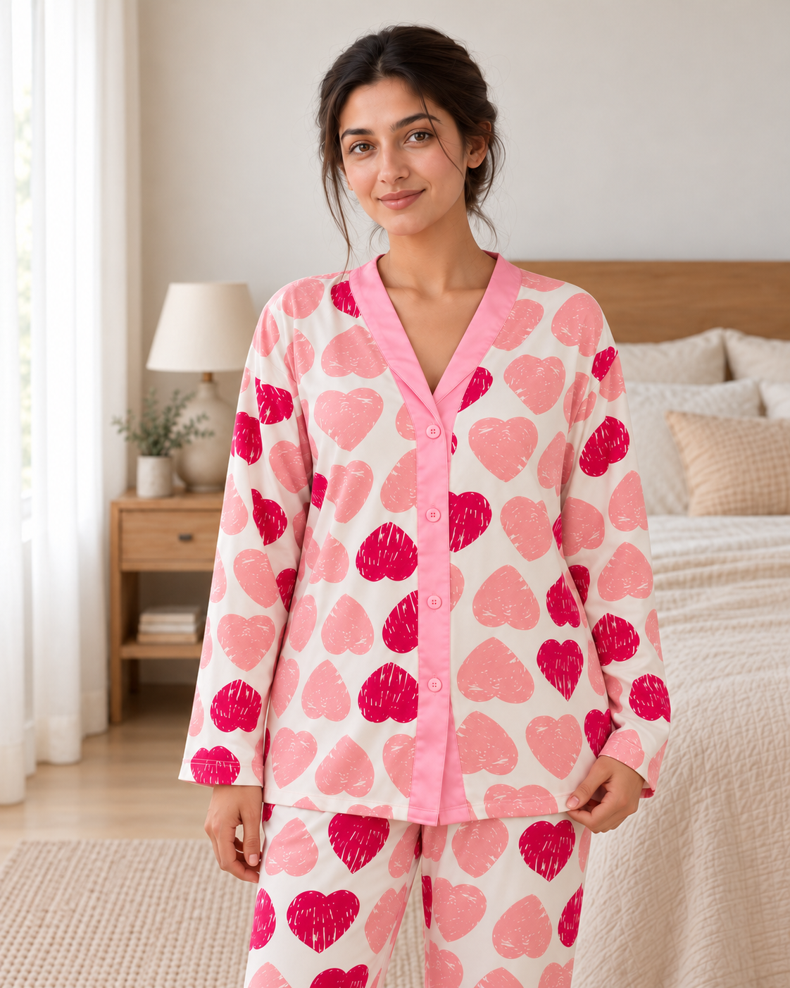 Pink Heart Premium Button-Down Night Suit - pose 4