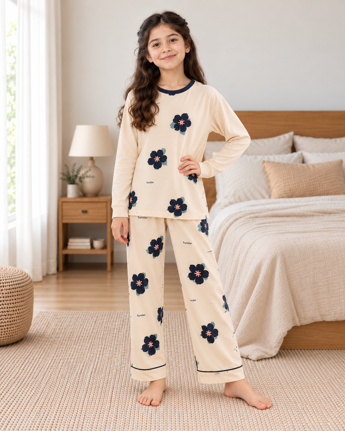 Skin Flower Full Sleeve Night Suit for Girls - pose 1
