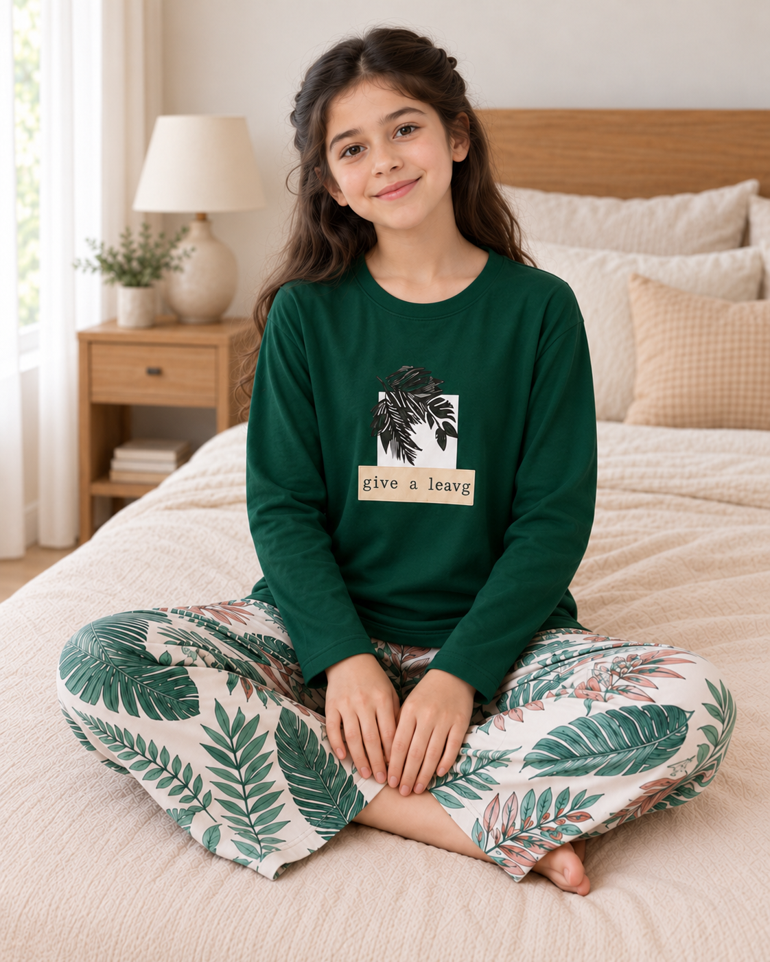 Green Leaf Full Sleeve Night Suit for Girls - pose 1