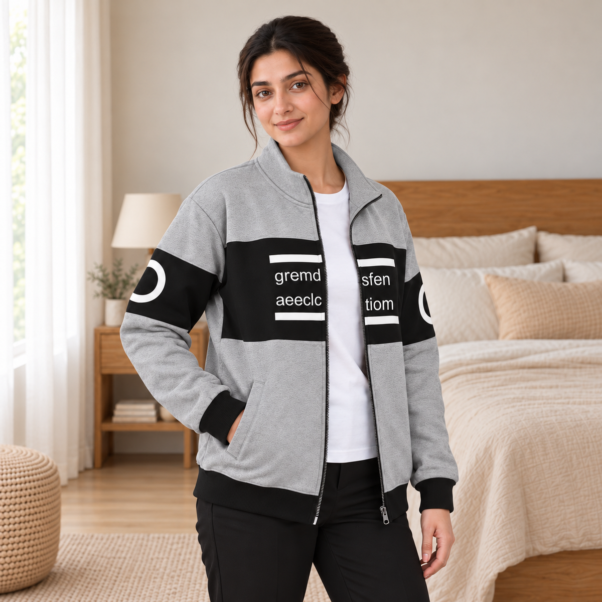 Women's Grey & Black Colourblock Fleece Zip-Up Jacket - pose 2
