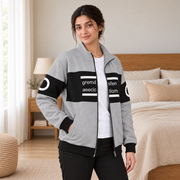 Women's Grey & Black Colourblock Fleece Zip-Up Jacket - pose 2