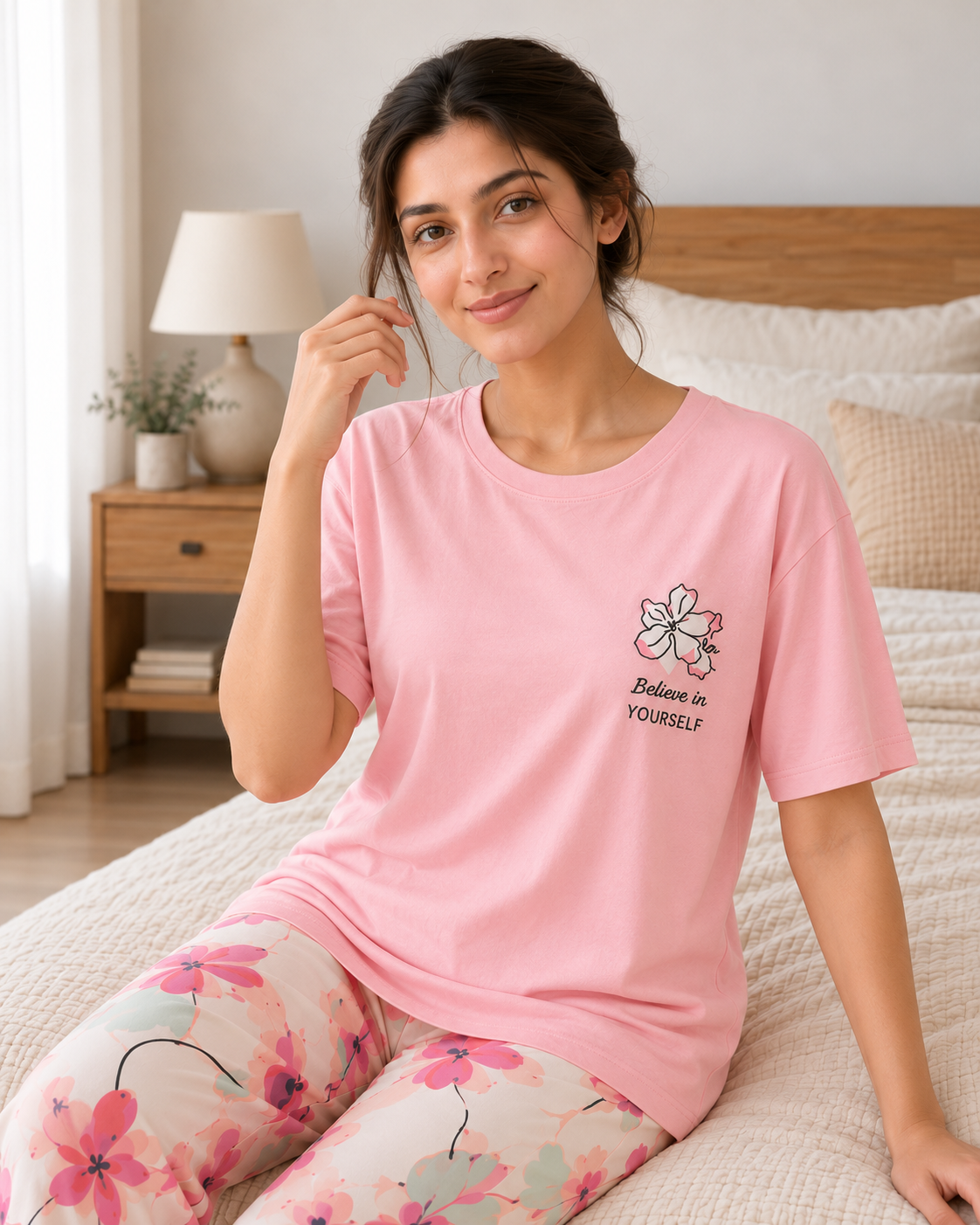Pink Bird Printed Night Suit - pose 3