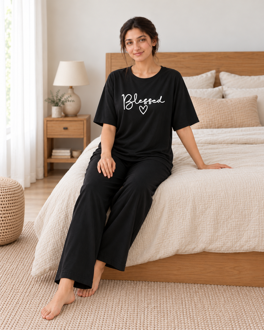 Blessed Black T-shirt and Black Pajama Printed Night Suit - pose 1