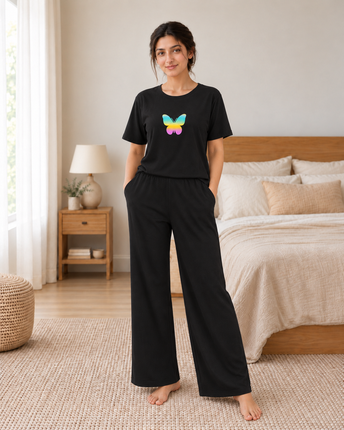 New Butterfly Black T-shirt and Black Pajama Printed Night Suit - pose 2