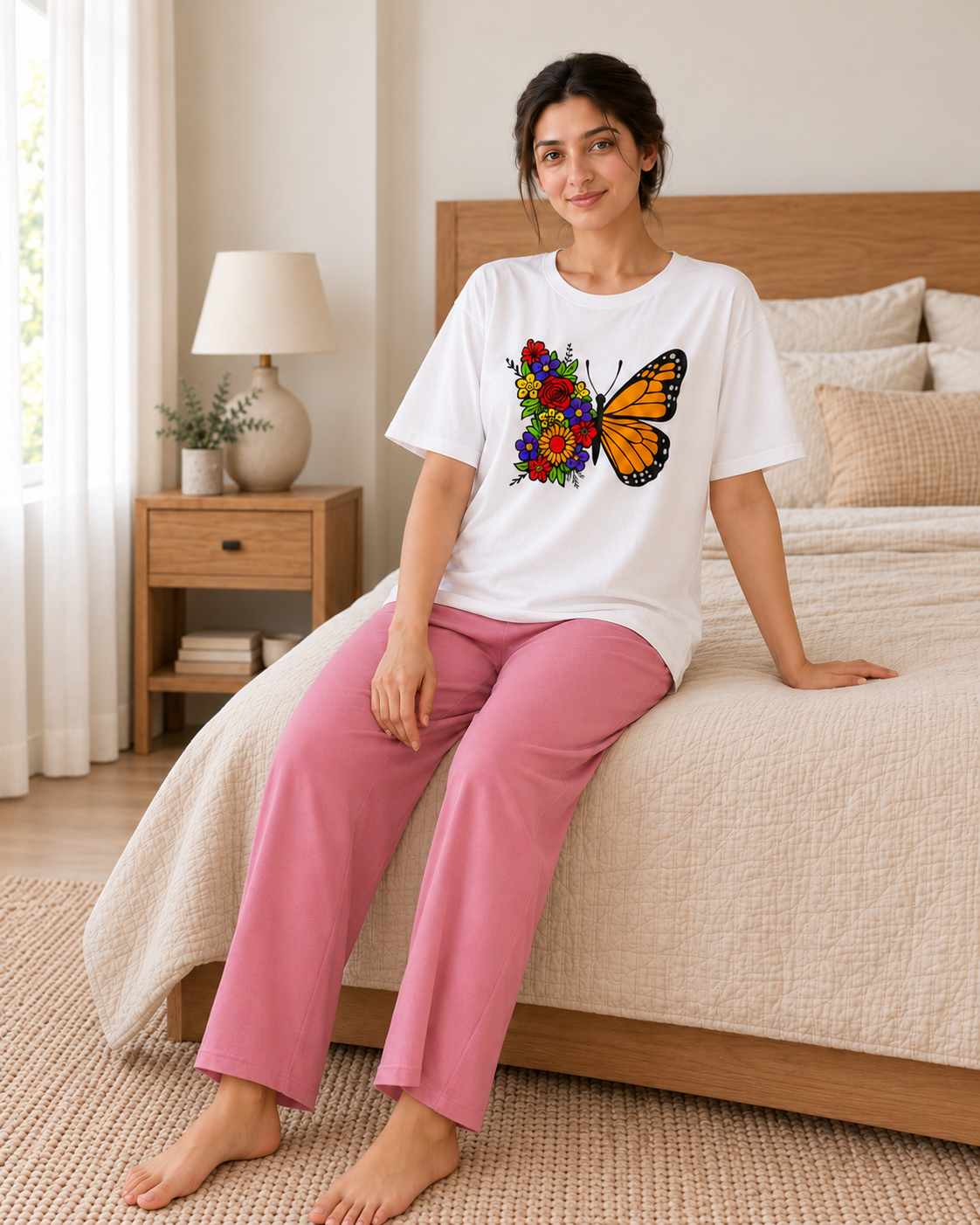 Butterfly White & Pink Night Suit - pose 1
