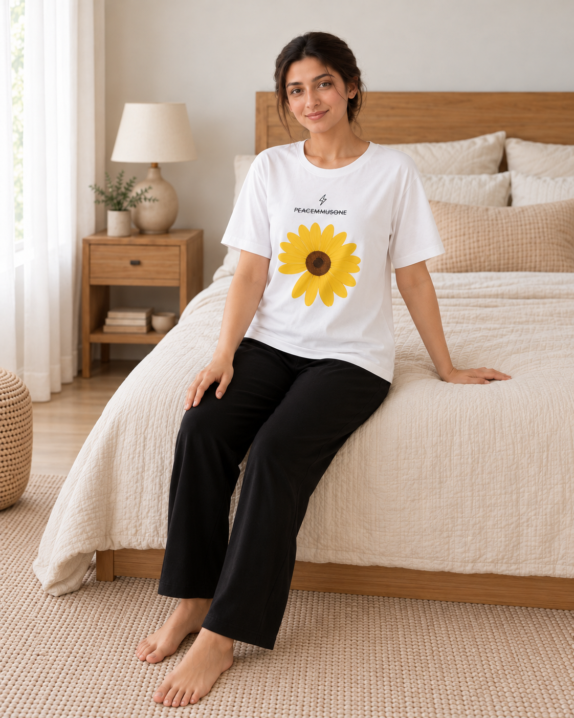 Yellow Sunflower White T-shirt and Black Pajama Printed Night Suit - pose 1