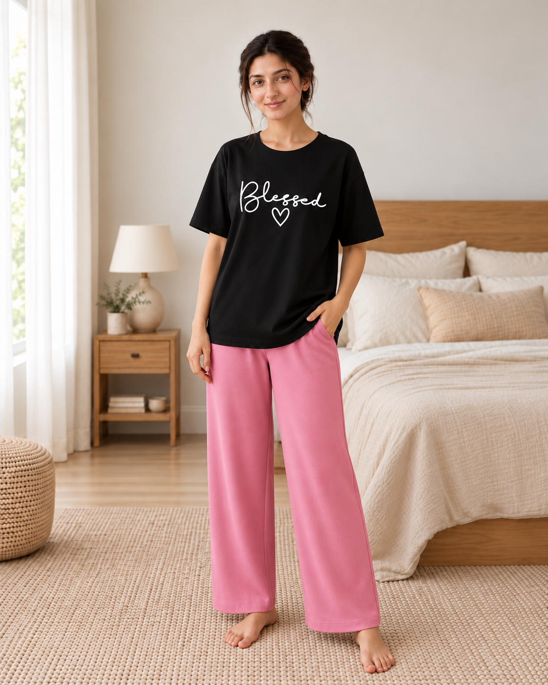 Blessed Black & Pink Night Suit - pose 1