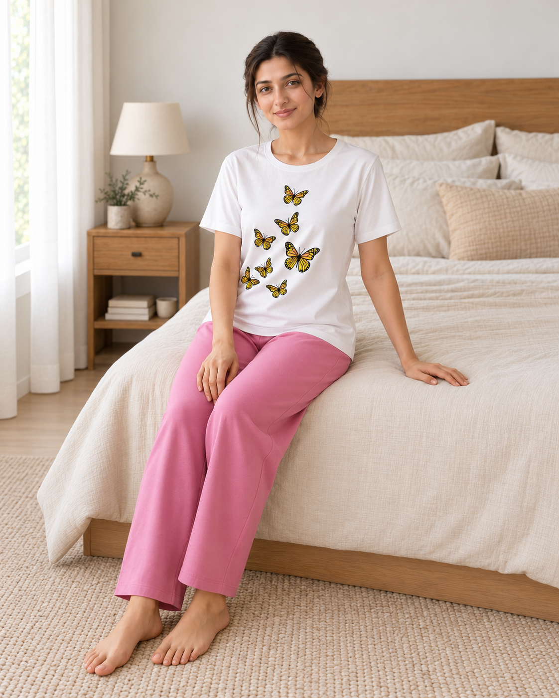 7 Butterflies White & Pink Night Suit - pose 1