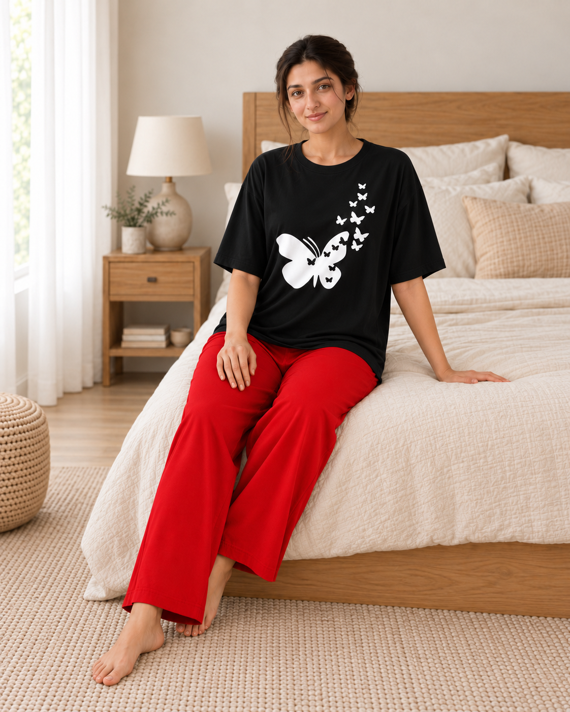 9 Butterflies Black & Red Night Suit - pose 1