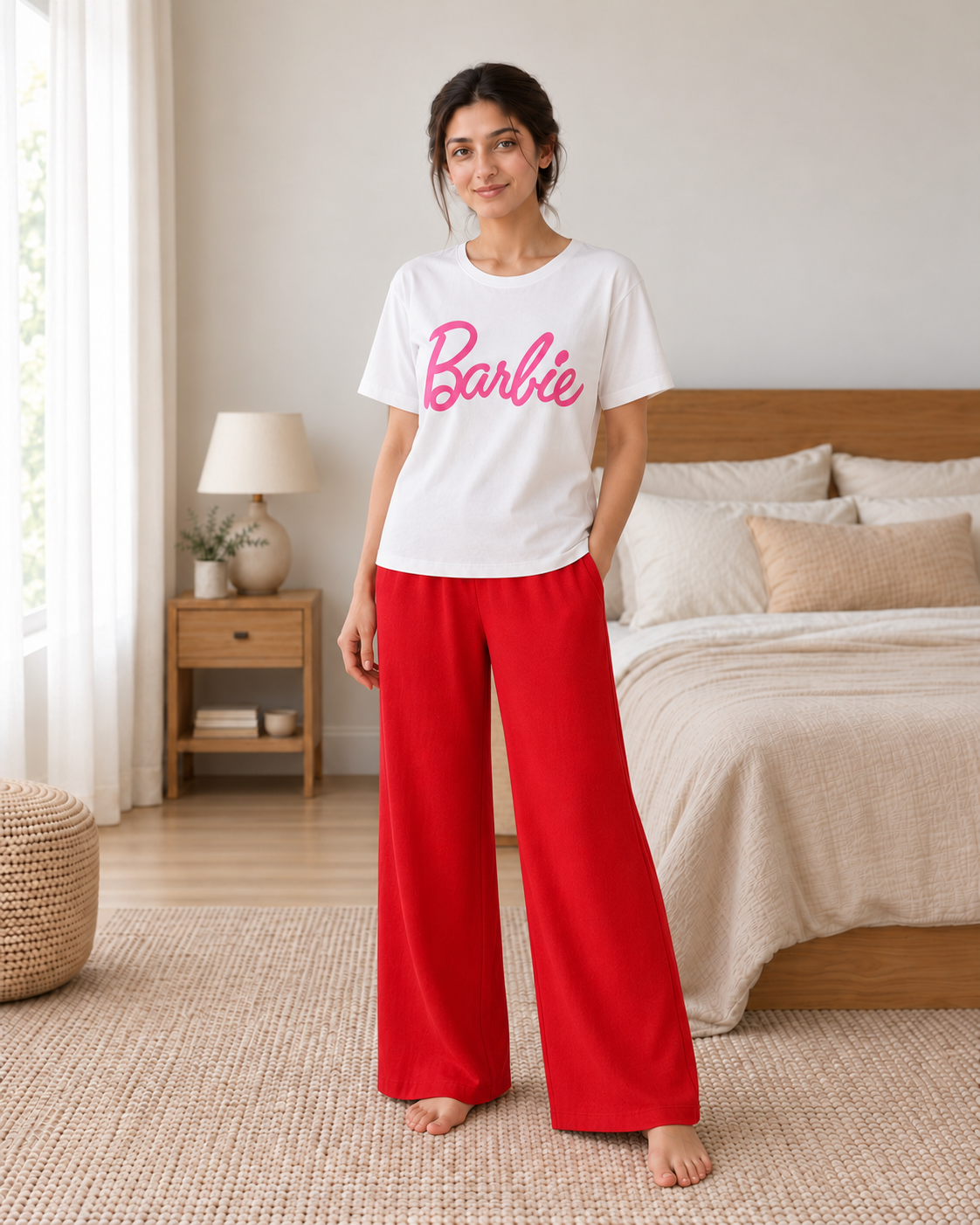 Glam Print White & Red Night Suit - pose 2