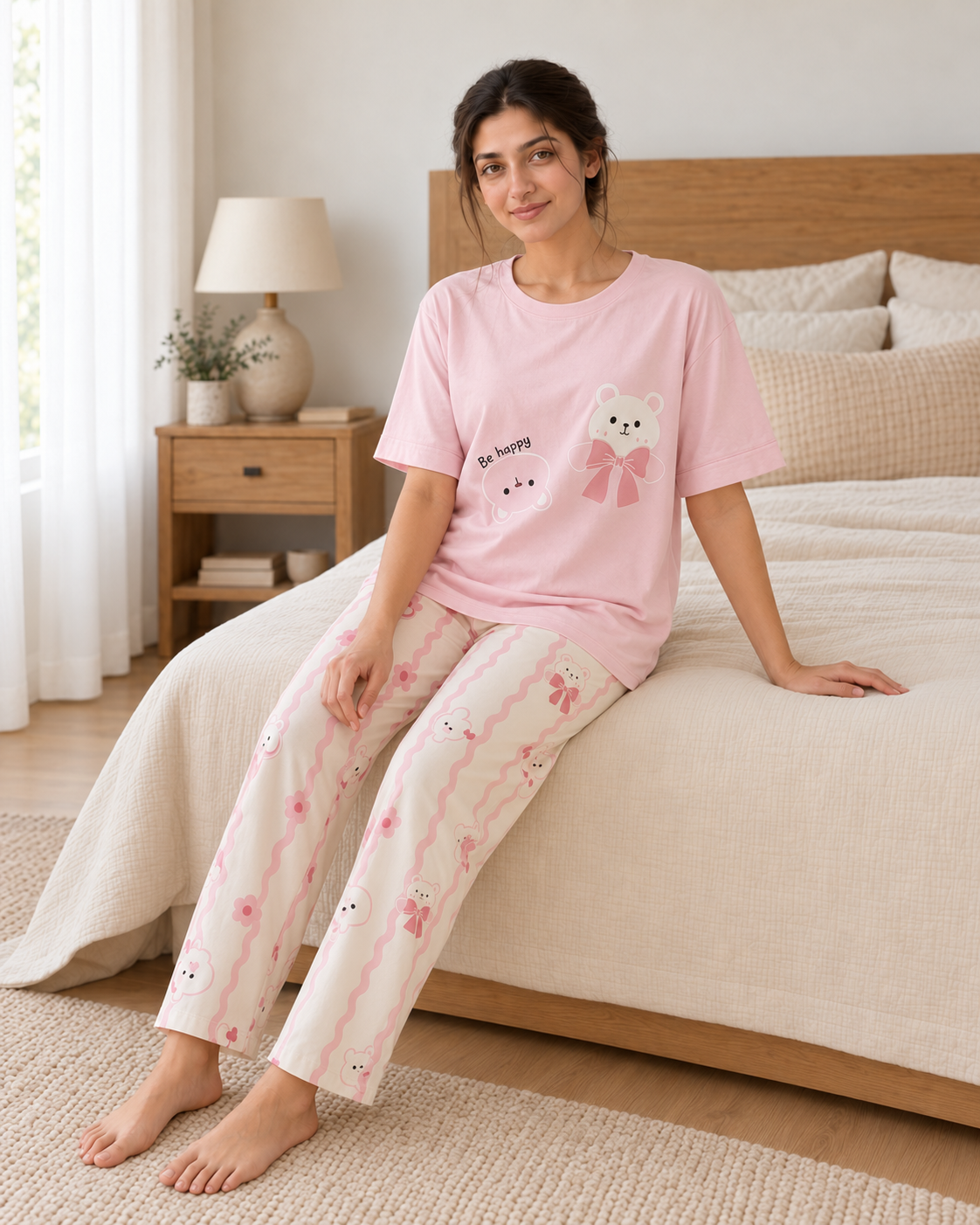 Pink Bear Bow Night Suit - pose 1