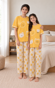 Yellow Panda Mom & Daughter Night Suit - pose 1