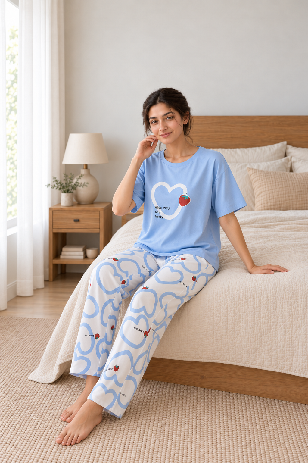 Strawberry Heart Style Printed Night Suit - pose 1