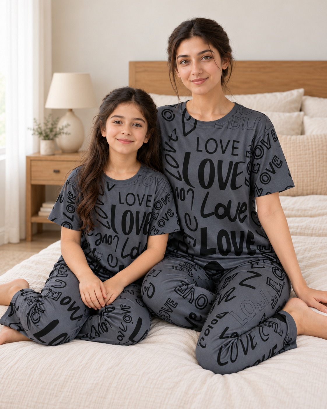 Grey Love Mom & Daughter Night Suit - pose 1