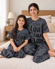 Grey Love Mom & Daughter Night Suit - pose 1