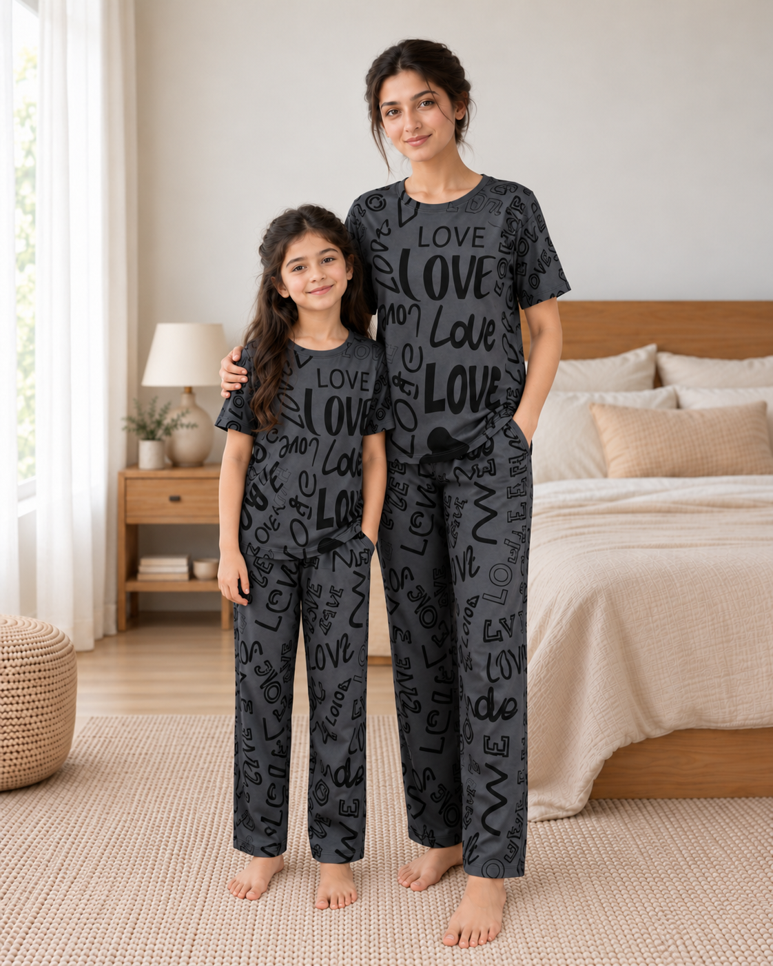Grey Love Mom & Daughter Night Suit - pose 2