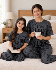 Grey Love Mom & Daughter Night Suit - pose 5
